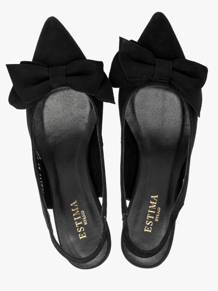 Welurowe czółenka typu slingback z kokardą