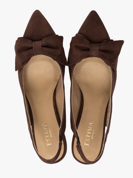 Welurowe czółenka typu slingback z kokardą
