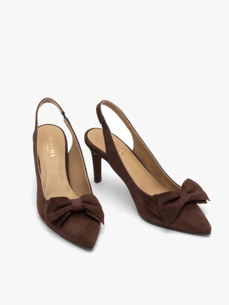 Welurowe czółenka typu slingback z kokardą